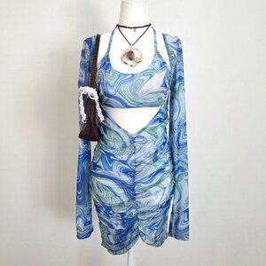 By Dyln Juna Dress Mesh Cutout Mini Blue Swirl Sz Large NWOT Y2K Club Rave Ibiza